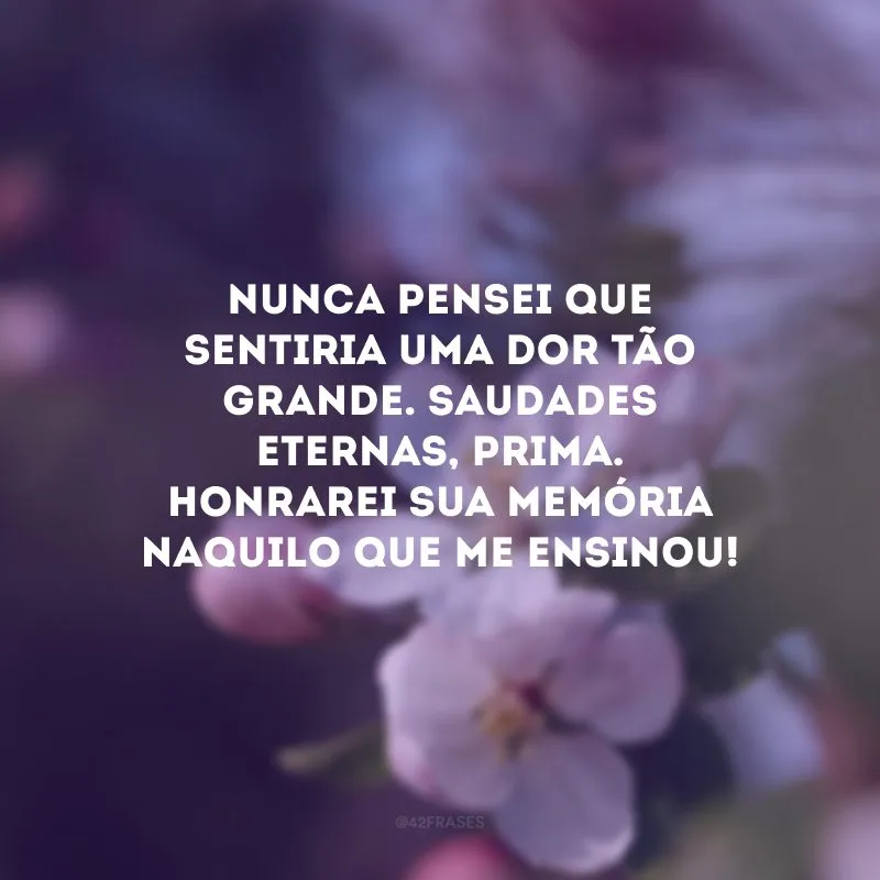 Nunca pensei que sentiria uma dor tão grande. Saudades eternas, prima. Honrarei sua memória naquilo que me ensinou!