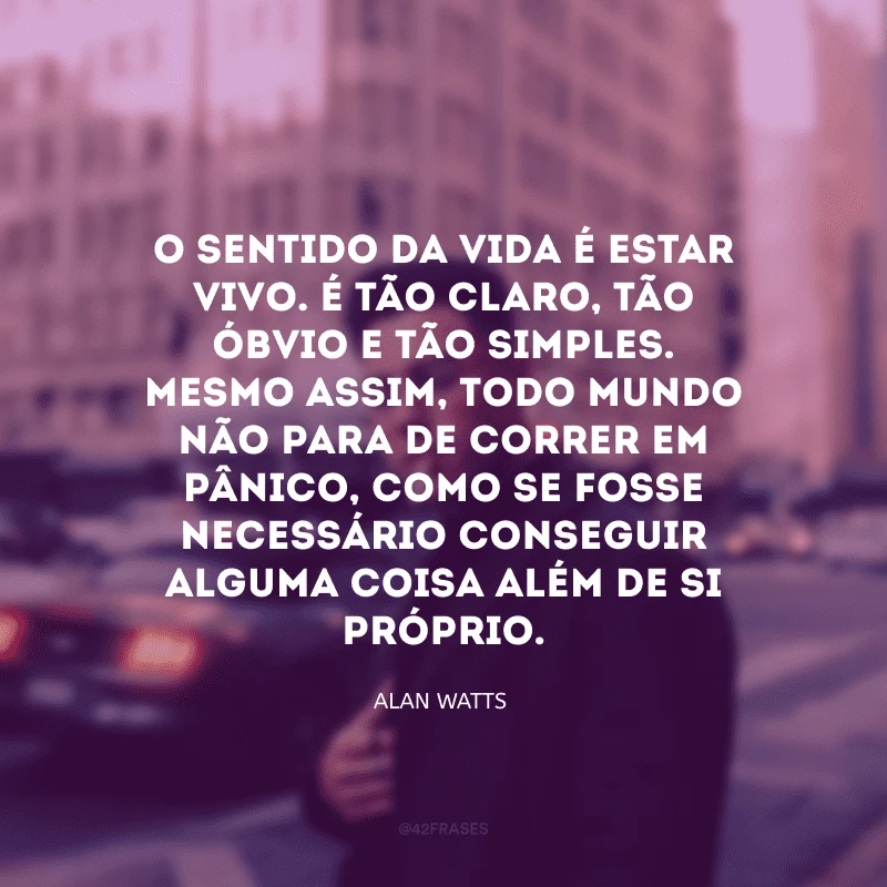 O sentido da vida é estar vivo. É tão claro, tão óbvio e tão simples. Mesmo assim, todo mundo não para de correr em pânico, como se fosse necessário conseguir alguma coisa além de si próprio.