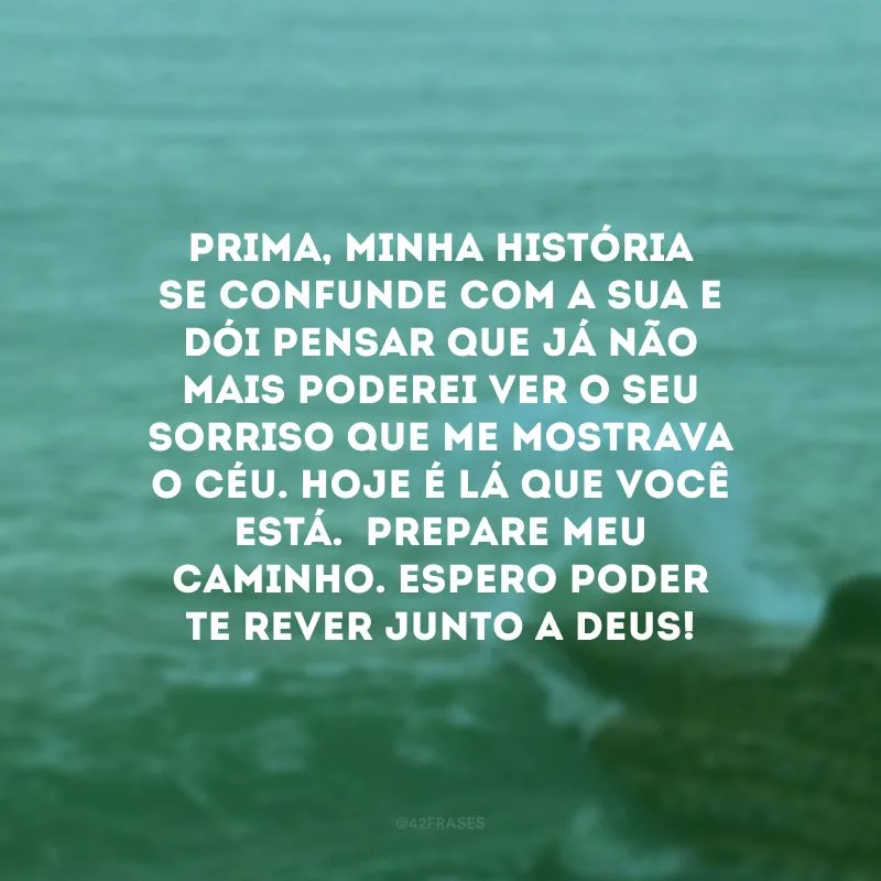 Prima, minha história se confunde com a sua e dói pensar que já não mais poderei ver o seu sorriso que me mostrava o Céu. Hoje é lá que você está.  Prepare meu caminho. Espero poder te rever junto a Deus!