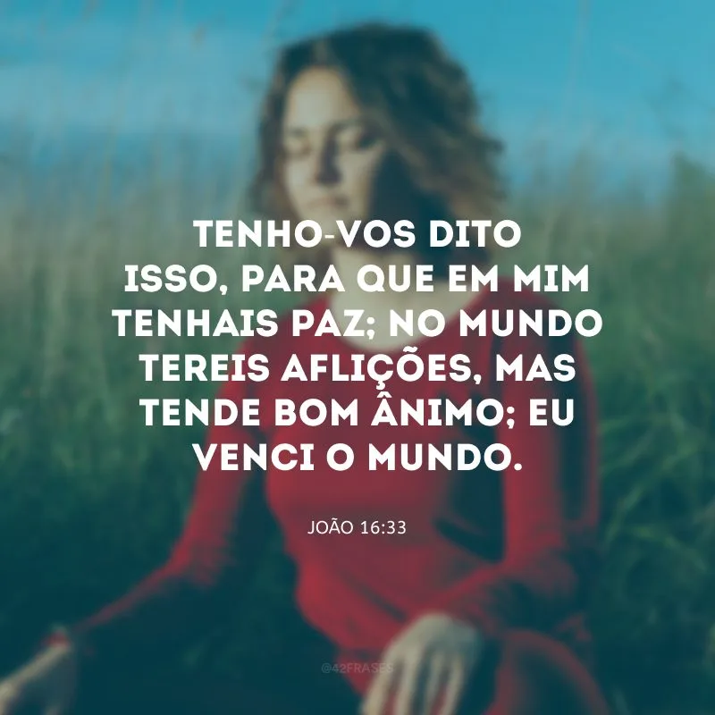 Tenho-vos dito isso, para que em mim tenhais paz; no mundo tereis aflições, mas tende bom ânimo; eu venci o mundo.
