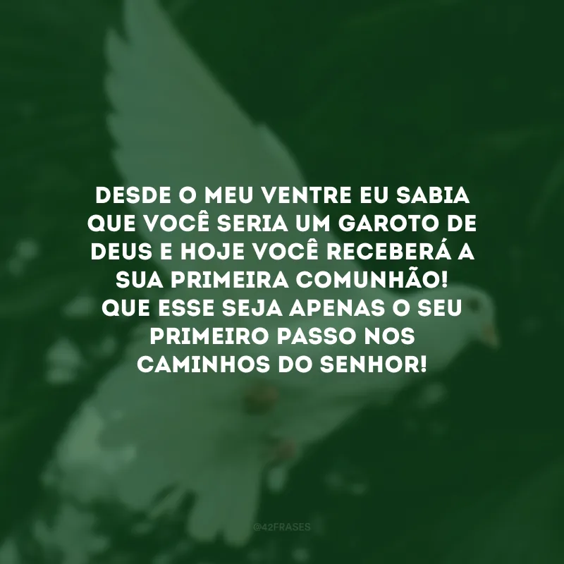 Desde o meu ventre eu sabia que você seria um garoto de Deus e hoje você receberá a sua primeira comunhão! Que esse seja apenas o seu primeiro passo nos caminhos do Senhor! 