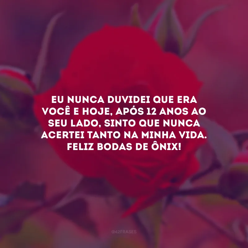 Eu nunca duvidei que era você e hoje, após 12 anos ao seu lado, sinto que nunca acertei tanto na minha vida. Feliz bodas de ônix!
