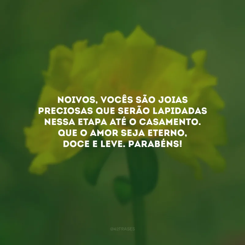 Noivos, vocês são joias preciosas que serão lapidadas nessa etapa até o casamento. Que o amor seja eterno, doce e leve. Parabéns!
