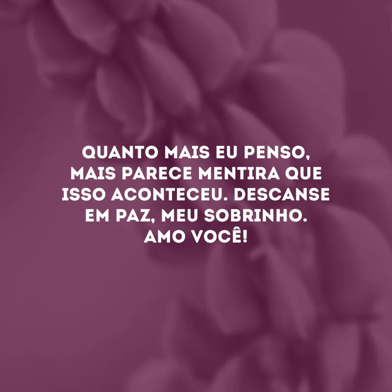 Quanto mais eu penso, mais parece mentira que isso aconteceu. Descanse em paz, meu sobrinho. Amo você!
