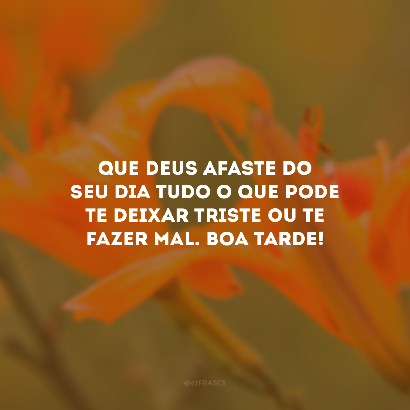 Que Deus afaste do seu dia tudo o que pode te deixar triste ou te fazer mal. Boa tarde!