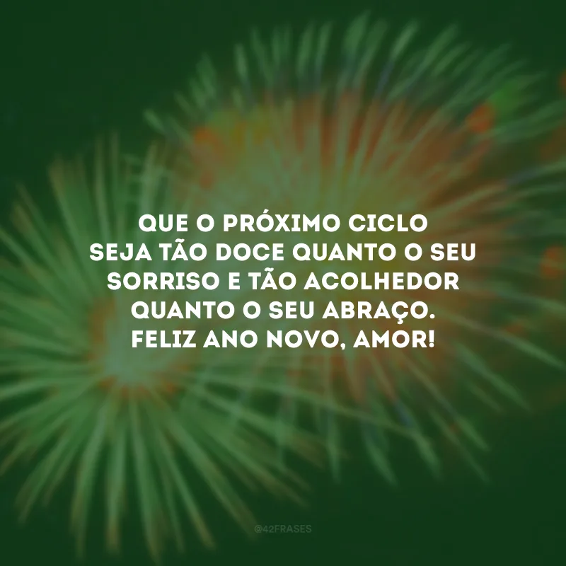 Que o próximo ciclo seja tão doce quanto o seu sorriso e tão acolhedor quanto o seu abraço. Feliz Ano Novo, amor!
