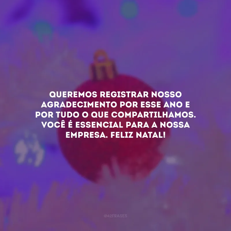 Queremos registrar nosso agradecimento por esse ano e por tudo o que compartilhamos. Você é essencial para a nossa empresa. Feliz Natal!