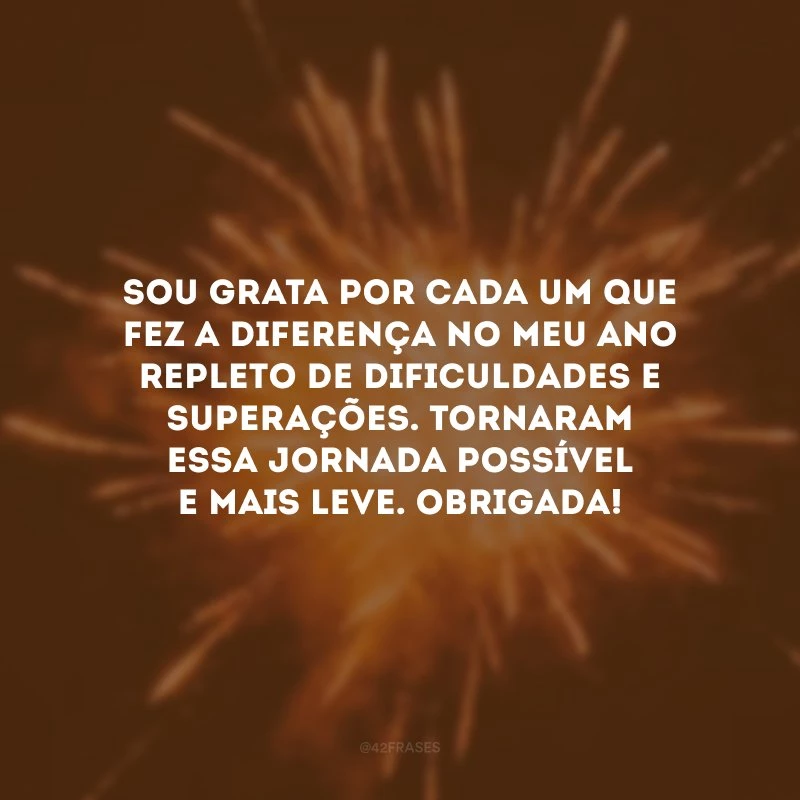 Sou grata por cada um que fez a diferença no meu ano repleto de dificuldades e superações. Tornaram essa jornada possível e mais leve. Obrigada!