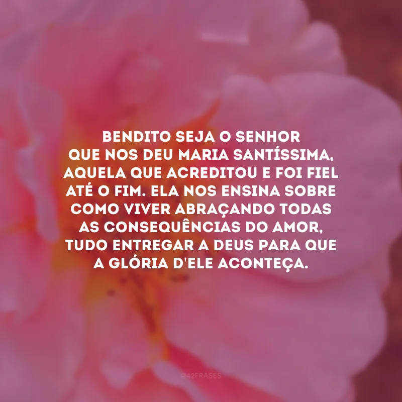 Bendito seja o Senhor que nos deu Maria Santíssima, aquela que acreditou e foi fiel até o fim. Ela nos ensina sobre como viver abraçando todas as consequências do amor, tudo entregar a Deus para que a glória d\'Ele aconteça.