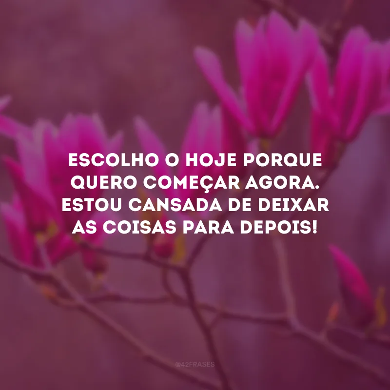 Escolho o hoje porque quero começar agora. Estou cansada de deixar as coisas para depois!