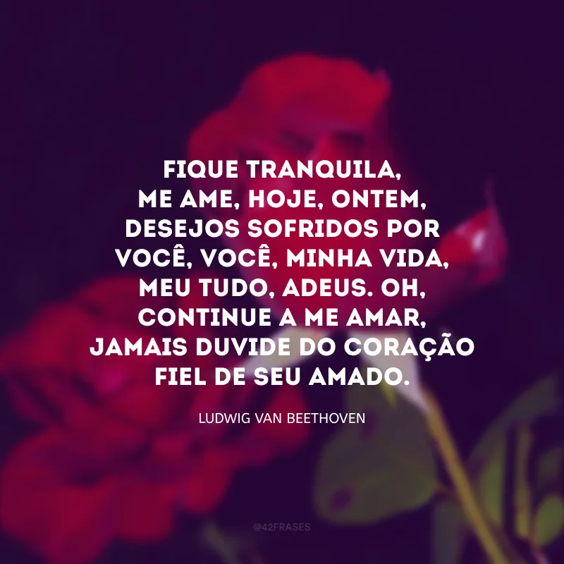 Fique tranquila, me ame, hoje, ontem, desejos sofridos por você, você, minha vida, meu tudo, adeus. Oh, continue a me amar, jamais duvide do coração fiel de seu amado.