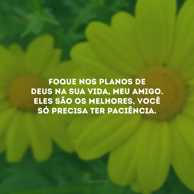 Foque nos planos de Deus na sua vida, meu amigo. Eles são os melhores, você só precisa ter paciência.