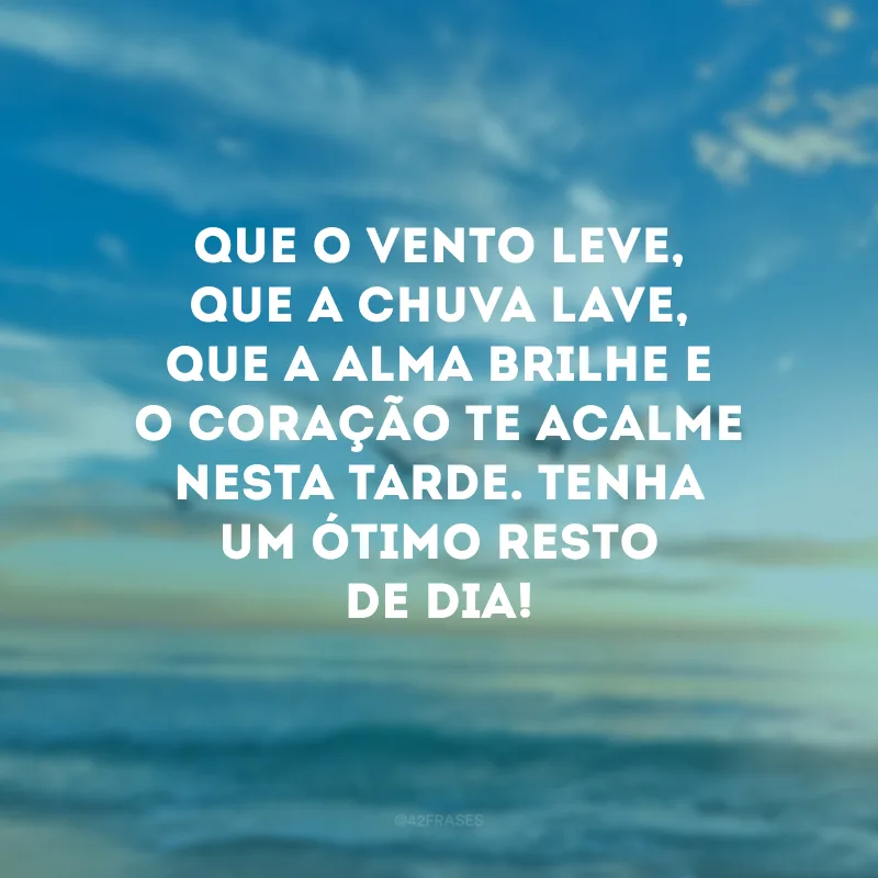 Que o vento leve, que a chuva lave, que a alma brilhe e o coração te acalme nesta tarde. Tenha um ótimo resto de dia!