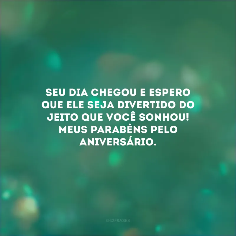 Seu dia chegou e espero que ele seja divertido do jeito que você sonhou! Meus parabéns pelo aniversário.