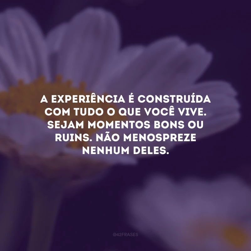 A experiência é construída com tudo o que você vive. Sejam momentos bons ou ruins. Não menospreze nenhum deles.