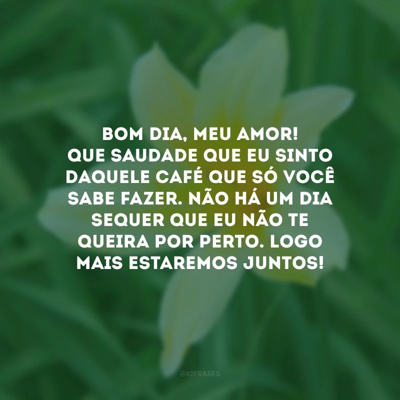 Bom dia, meu amor! Que saudade que eu sinto daquele café que só você sabe fazer. Não há um dia sequer que eu não te queira por perto. Logo mais estaremos juntos!