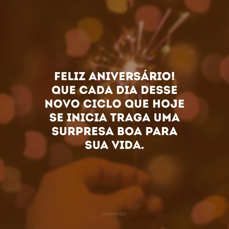Feliz aniversário! Que cada dia desse novo ciclo que hoje se inicia traga uma surpresa boa para sua vida.