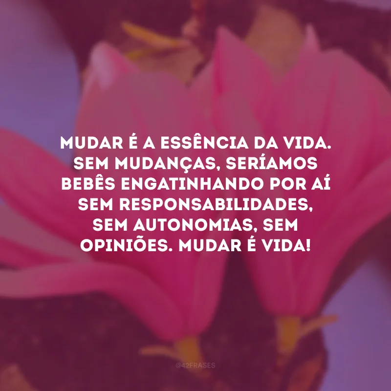 Mudar é a essência da vida. Sem mudanças, seríamos bebês engatinhando por aí sem responsabilidades, sem autonomias, sem opiniões. Mudar é vida!