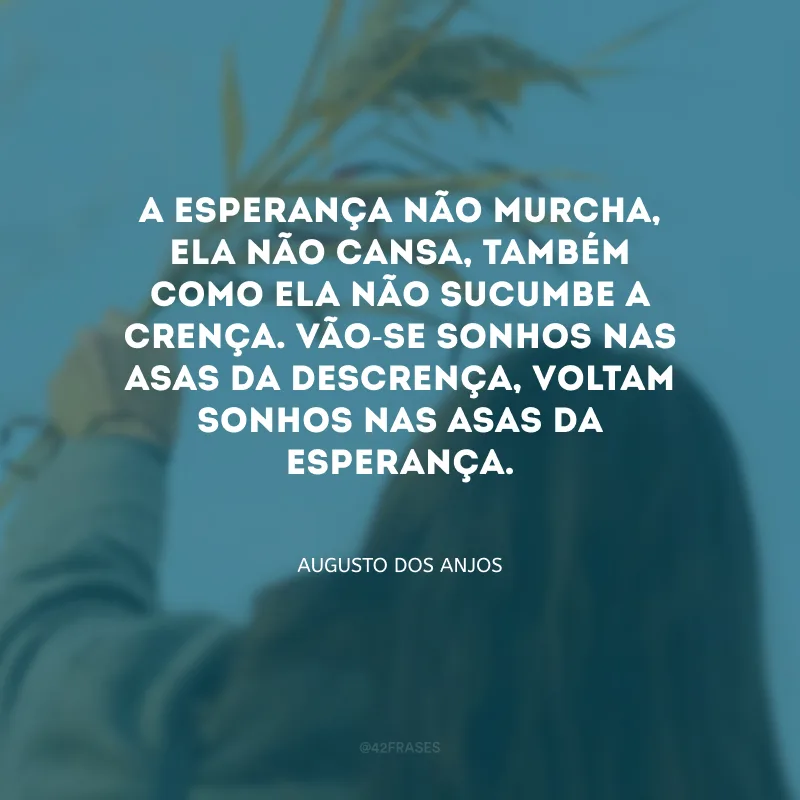 A esperança não murcha, ela não cansa, também como ela não sucumbe a crença. Vão-se sonhos nas asas da descrença, voltam sonhos nas asas da esperança.