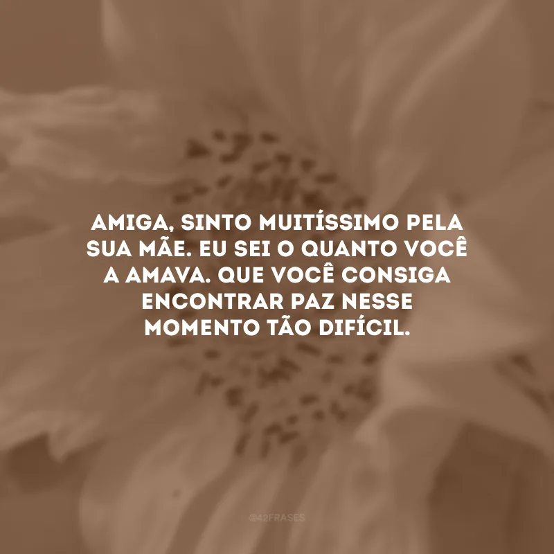 Amiga, sinto muitíssimo pela sua mãe. Eu sei o quanto você a amava. Que você consiga encontrar paz nesse momento tão difícil. 