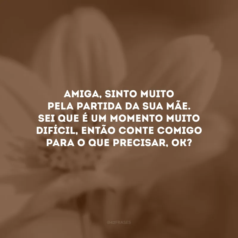 Amiga, sinto muito pela partida da sua mãe. Sei que é um momento muito difícil, então conte comigo para o que precisar, ok? 