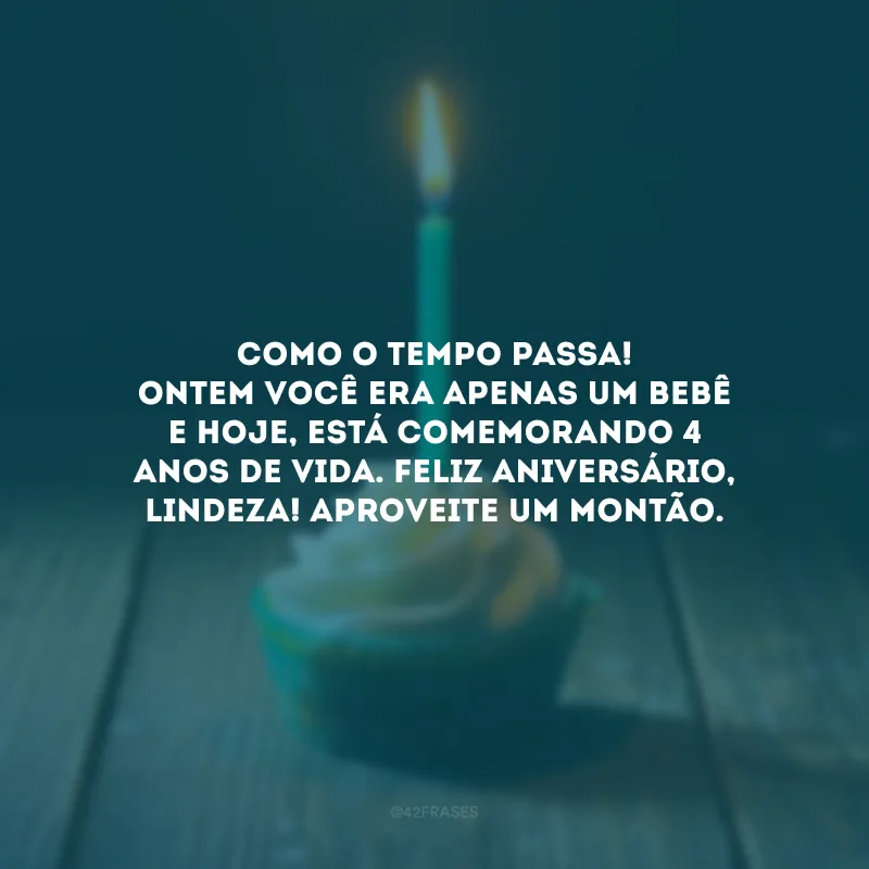 Como o tempo passa! Ontem você era apenas um bebê e hoje, está comemorando 4 anos de vida. Feliz aniversário, lindeza! Aproveite um montão.