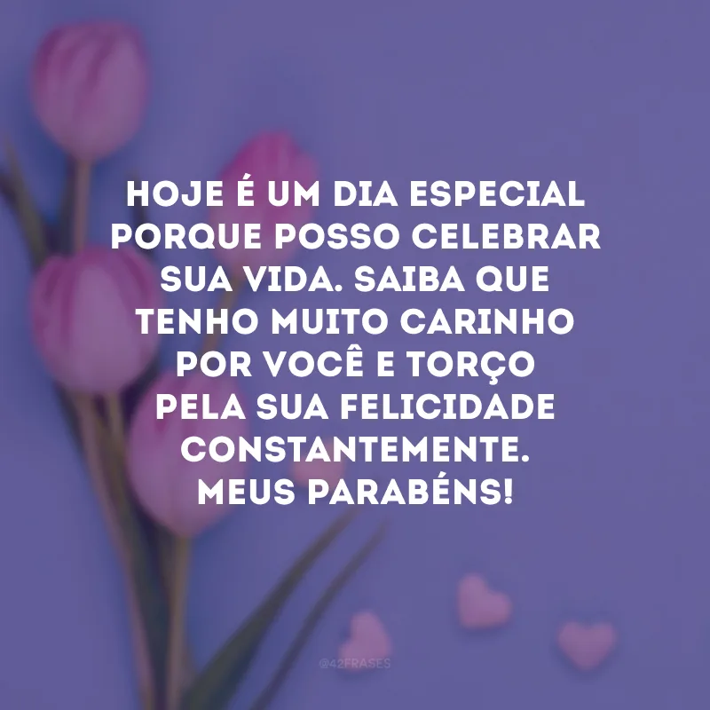 Hoje é um dia especial porque posso celebrar sua vida. Saiba que tenho muito carinho por você e torço pela sua felicidade constantemente. Meus parabéns!