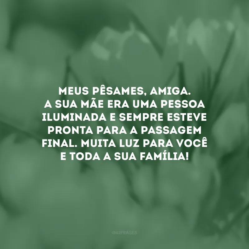 Meus pêsames, amiga. A sua mãe era uma pessoa iluminada e sempre esteve pronta para a passagem final. Muita luz para você e toda a sua família! 
