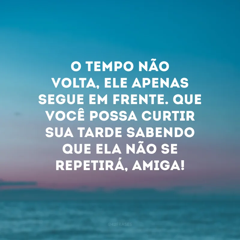 O tempo não volta, ele apenas segue em frente. Que você possa curtir sua tarde sabendo que ela não se repetirá, amiga!