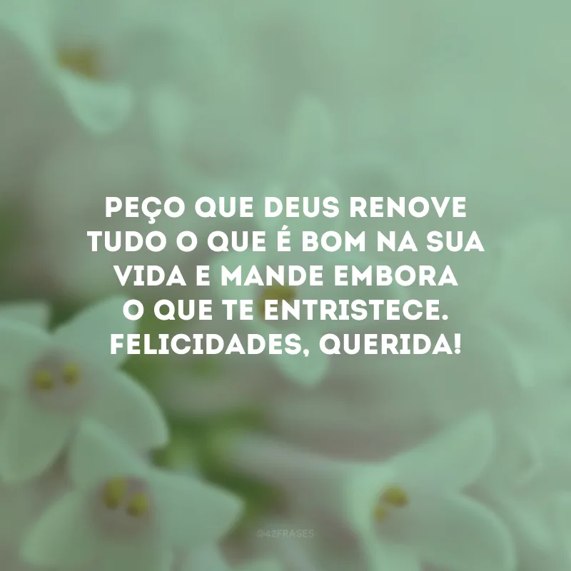 Peço que Deus renove tudo o que é bom na sua vida e mande embora o que te entristece. Felicidades, querida!