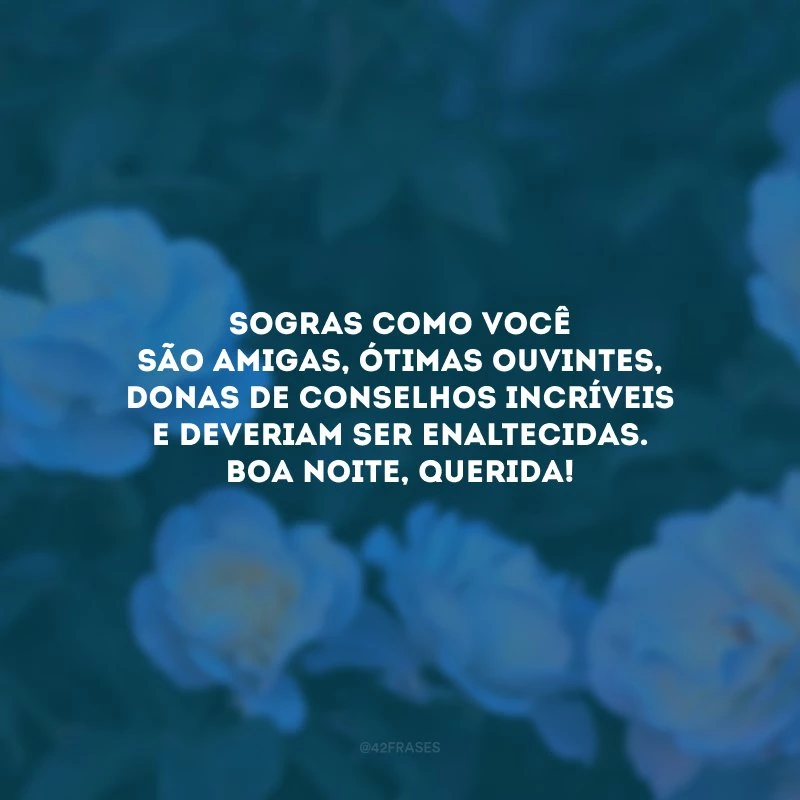 Sogras como você são amigas, ótimas ouvintes, donas de conselhos incríveis e deveriam ser enaltecidas. Boa noite, querida!