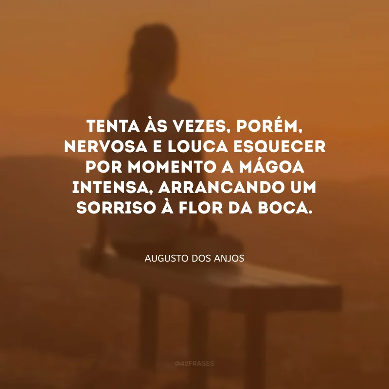 Tenta às vezes, porém, nervosa e louca esquecer por momento a mágoa intensa, arrancando um sorriso à flor da boca.