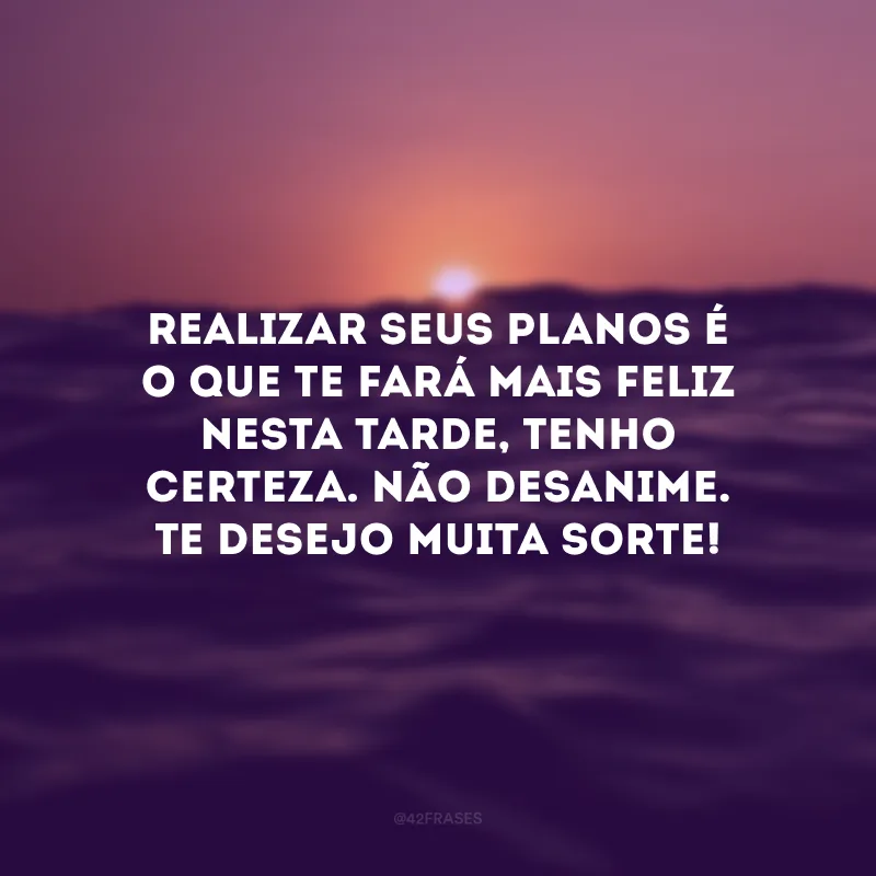 Realizar seus planos é o que te fará mais feliz nesta tarde, tenho certeza. Não desanime. Te desejo muita sorte!