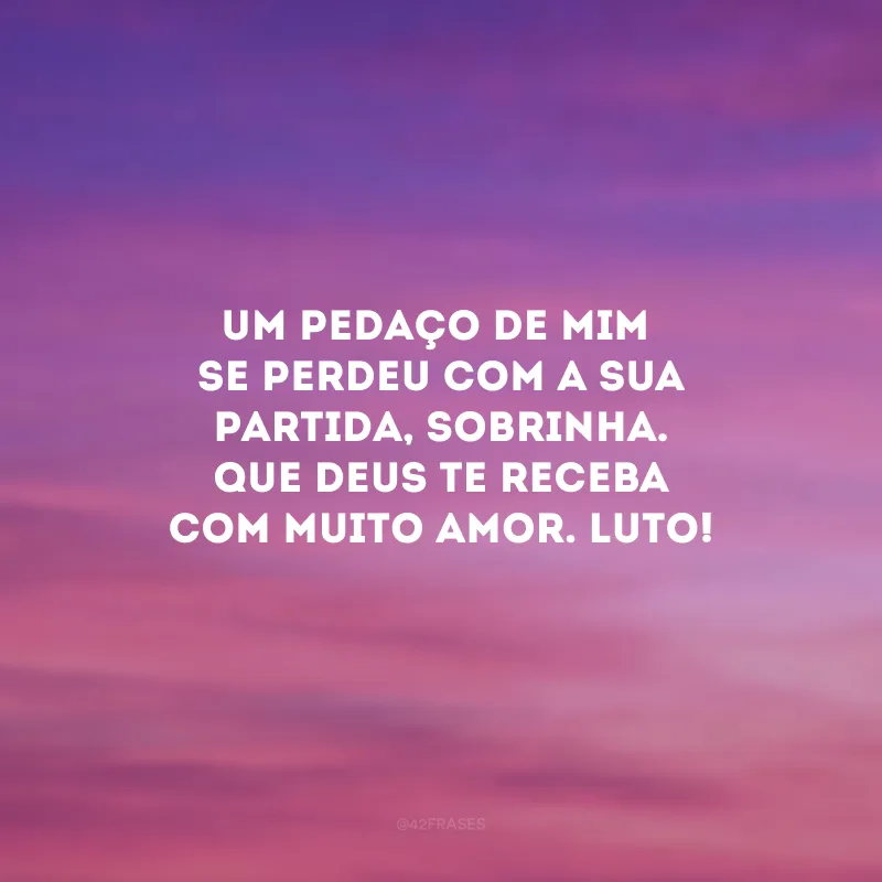Um pedaço de mim se perdeu com a sua partida, sobrinha. Que Deus te receba com muito amor. Luto!