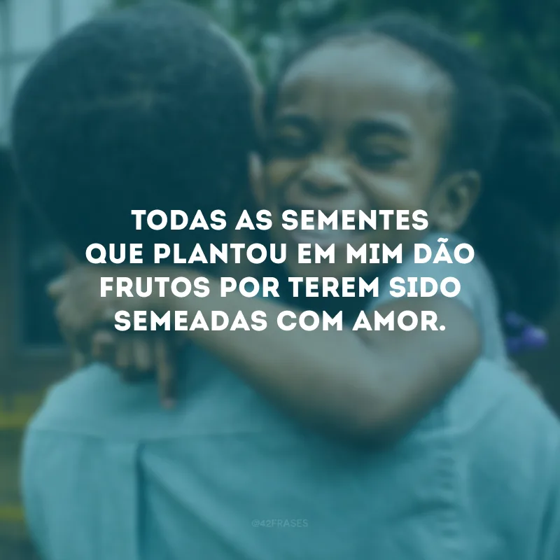 Todas as sementes que plantou em mim dão frutos por terem sido semeadas com amor.