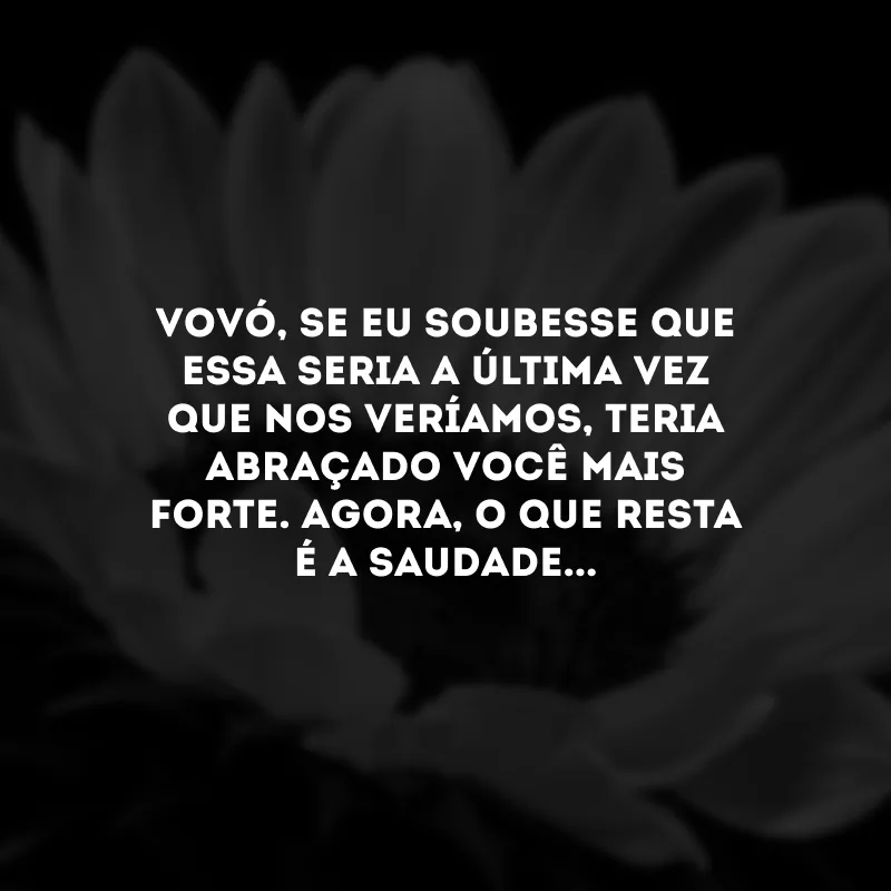 Vovó, se eu soubesse que essa seria a última vez que nos veríamos, teria abraçado você mais forte. Agora, o que resta é a saudade...