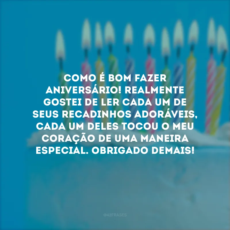 Como é bom fazer aniversário! Realmente gostei de ler cada um de seus recadinhos adoráveis, cada um deles tocou o meu coração de uma maneira especial. Obrigado demais!