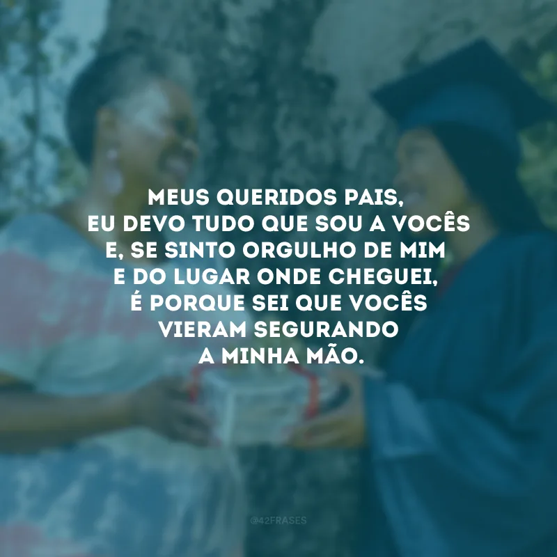 Meus queridos pais, eu devo tudo que sou a vocês e, se sinto orgulho de mim e do lugar onde cheguei, é porque sei que vocês vieram segurando a minha mão.