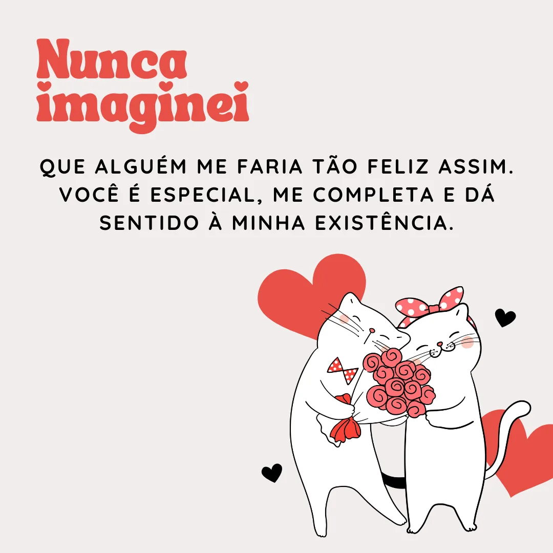 Nunca imaginei que alguém me faria tão feliz assim. Você é especial, me completa e dá sentido à minha existência.