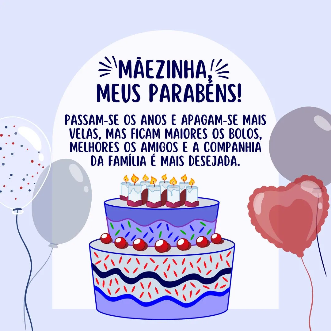 Passam-se os anos e apagam-se mais velas, mas ficam maiores os bolos, melhores os amigos e a companhia da família é mais desejada. Tudo isso porque você existe e merece. Mãezinha, meus parabéns!