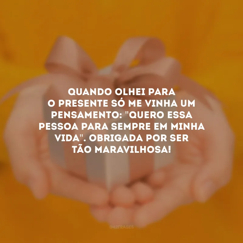 Quando olhei para o presente só me vinha um pensamento: \"quero essa pessoa para sempre em minha vida\". Obrigada por ser tão maravilhosa!