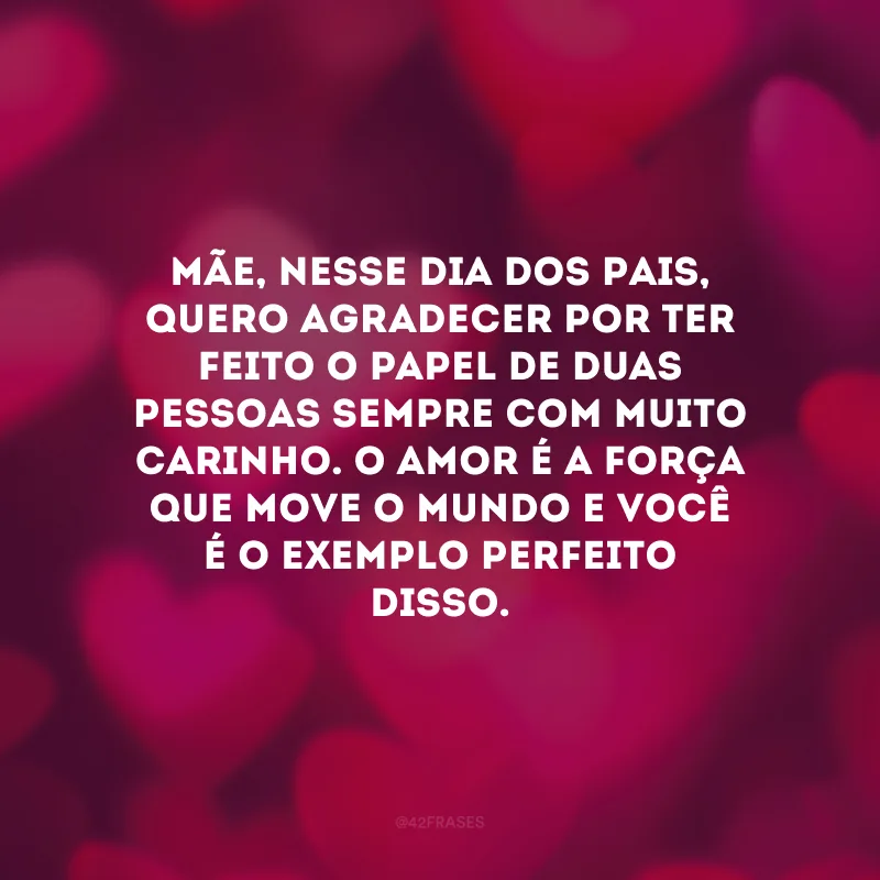 Mãe, nesse Dia dos Pais, quero agradecer por ter feito o papel de duas pessoas sempre com muito carinho. O amor é a força que move o mundo e você é o exemplo perfeito disso.