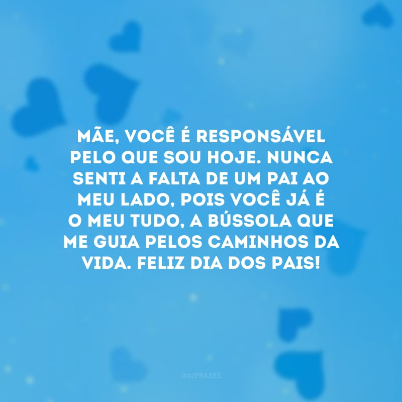 Mãe, você é responsável pelo que sou hoje. Nunca senti a falta de um pai ao meu lado, pois você já é o meu tudo, a bússola que me guia pelos caminhos da vida. Feliz Dia dos Pais!