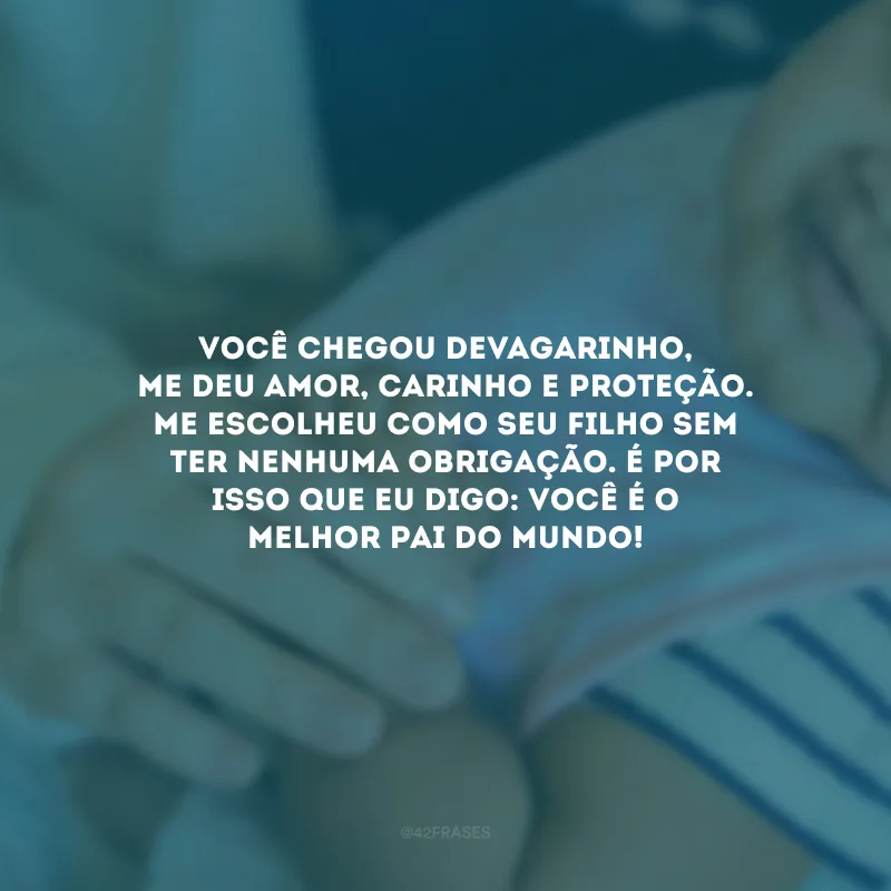 Você chegou devagarinho, me deu amor, carinho e proteção. Me escolheu como seu filho sem ter nenhuma obrigação. É por isso que eu digo: você é o melhor pai do mundo!