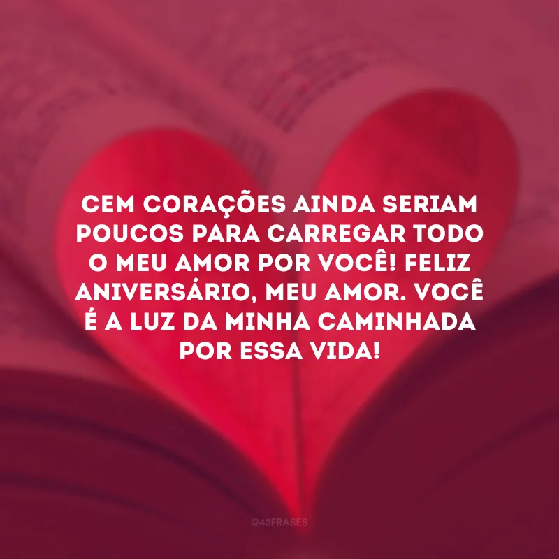 Cem corações ainda seriam poucos para carregar todo o meu amor por você! Feliz aniversário, meu amor. Você é a luz da minha caminhada por essa vida!