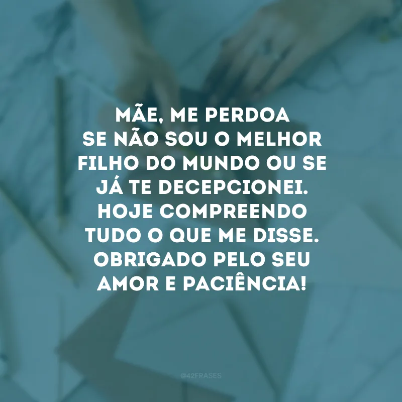 Mãe, me perdoa se não sou o melhor filho do mundo ou se já te decepcionei. Hoje compreendo tudo o que me disse. Obrigado pelo seu amor e paciência!