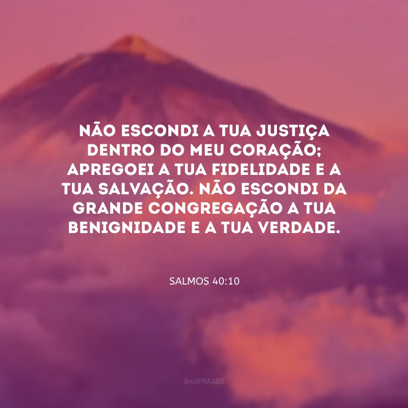 Não escondi a tua justiça dentro do meu coração; apregoei a tua fidelidade e a tua salvação. Não escondi da grande congregação a tua benignidade e a tua verdade.