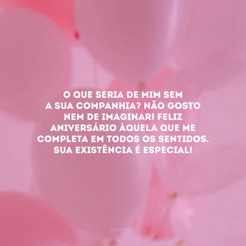 O que seria de mim sem a sua companhia? Não gosto nem de imaginar! Feliz aniversário àquela que me completa em todos os sentidos. Sua existência é especial!