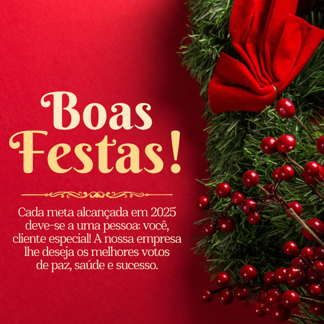 Cada meta alcançada em 2025 deve-se a uma pessoa: você, cliente especial! A nossa empresa lhe deseja os melhores votos de paz, saúde e sucesso. Boas Festas!