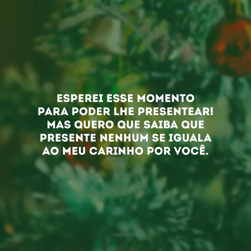 Esperei esse momento para poder lhe presentear! Mas quero que saiba que presente nenhum se iguala ao meu carinho por você.